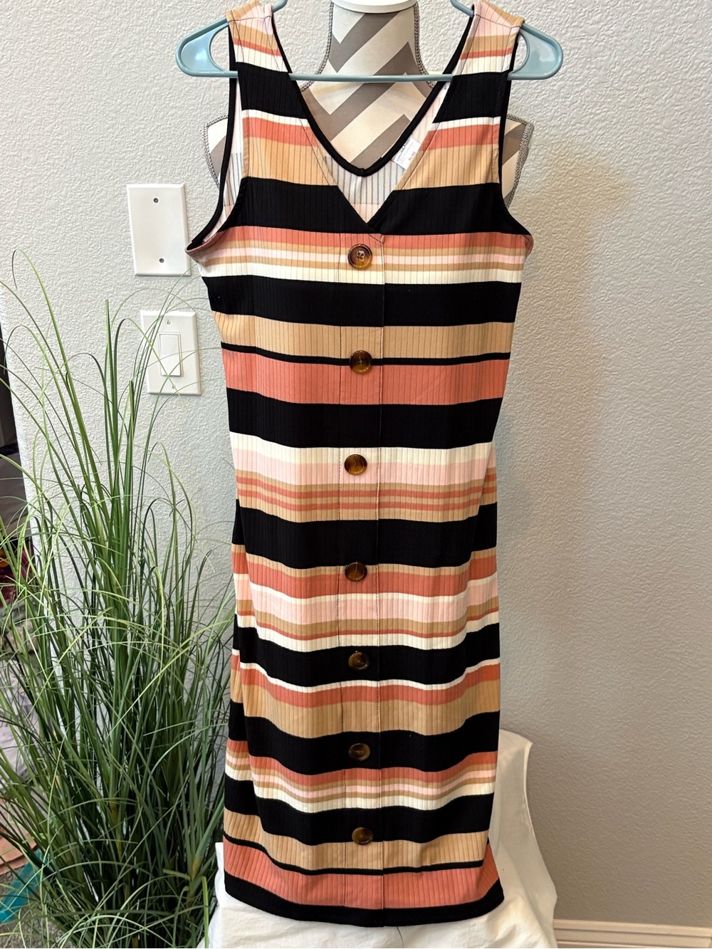 No Boundaries Sleeveless Striped Button-Front Dress - Black, Coral, Cream, Tan